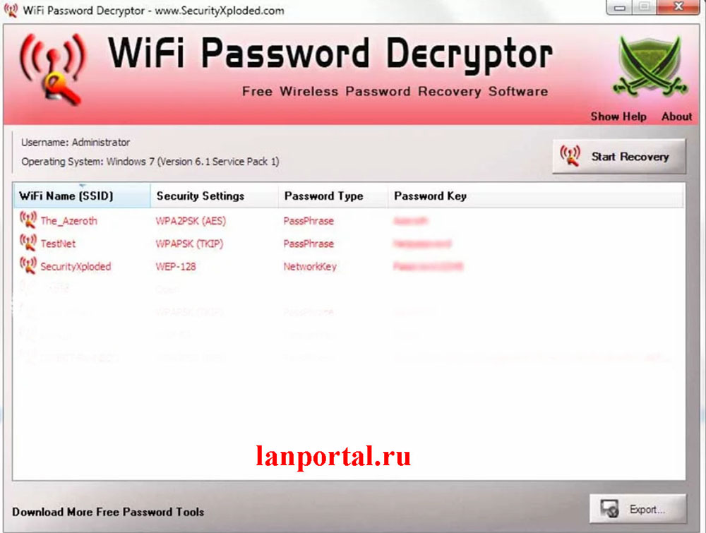 Скриншот, утилита WiFi Password Decryptor