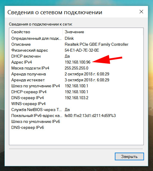 Свойства сведений о сетевом подключении для компьютера